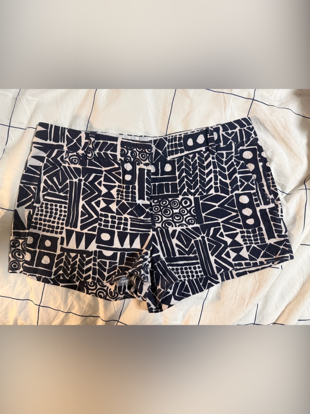 J. Crew blue and White tiki mod Geometric Print Shorts
